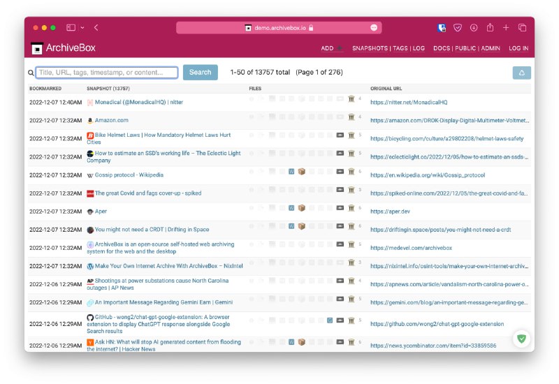 #GitHub #Python▎ArchiveBox一款相当强大的 #自托管 网络存档服务，Internet Archive 的替代品▎特性- 收集/保存/查看/分享/离线查看存档网站- 使用多种格式保存存档网站- 提取并保存文本、图片、媒体、Git 仓库- 易于访问的存档格式（HTML/JS/PDF/媒体）- 定时任务存档/更新存档快照- 丰富的 #API 支持- Web 界面和 #CLI 界面管理存档- 通过 #Docker 一键部署- 在存档网站里进行全文搜索- 从 URL/RSS/文本文件/浏览器历史记录导入需要存档的网址- ……还可以与 Raindrop 搭配使用项目地址｜项目文档｜演示地址频道 @dejavuBlog群组 @dejavuGroup