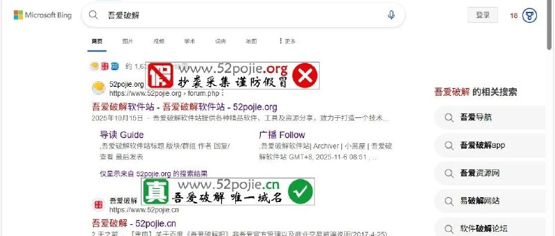 吾爱破解论坛发布紧急声明：必应搜索推送假冒网站导致用户受骗吾爱破解论坛官方发布紧急声明，近期大量用户通过必应（Bing）搜索