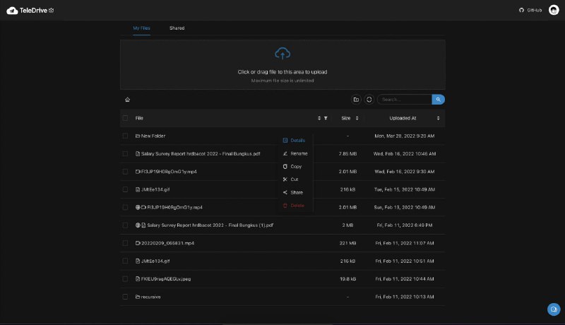 #GitHub #自托管▎teledrive使用 Telegram API 的免费无限云存储服务，支持使用 #Docker、Vercel、Heroku 进行托管部署⚠️警告：潜在的可能违反 Telegram TOS 以及滥用导致的封号风险项目：