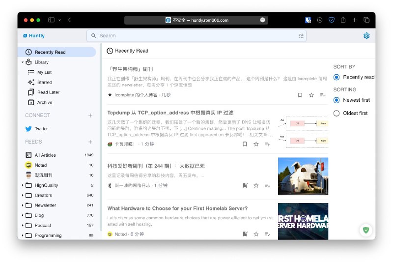 #GitHub #Java #Docker #RSS▎huntly一款开源，支持 #自托管 部署的信息管理工具▎特性- RSS 订阅功能- GitHub Star 管理工具- 自动保存浏览 Twitter 文章- 自动保存网页- 通过标题、内容、分类多维度搜索- 支持 Docker 快速部署- ……项目地址｜在线体验体验帐号*用户名 demo*密码 huntlydemo频道 @dejavuBlog群组 @dejavuGroup