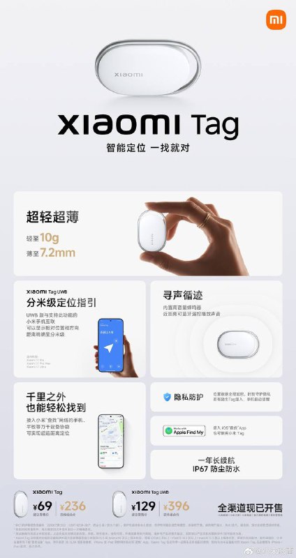 小米Tag开售，单个69元，四件套装版236元，UWB版单个129元，四件套装396元
