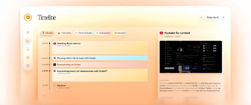 Dayflow —— 用本地AI把一天“看见”，找回真正的深度工作🧭 今天试了 Dayflow，它不是传统计时器，而是把你的整天变成一条可读的时间线：深度工作、浅层任务、被 Slack 拉走的瞬间，都被温柔地标注出来，让“忙碌”和“专注”的差别一眼可见🧩 最打动我的是它对“情境”的理解——同样是 YouTube，教程和摸鱼被准确地区分；代码窗口与查资料的切换不再混成一团🔐 隐私是底线：全部在本地推理，截图与分析不出设备；开源的 MIT 许可 也让可审计成为真实承诺