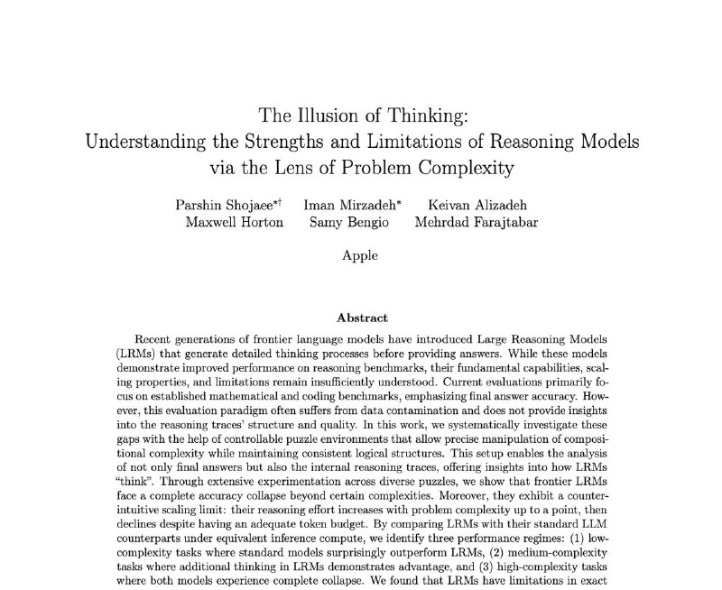 思维幻象 —— AI推理模型能力深度揭示🧠 最近读到一份来自Apple团队的研究，专门分析了当前最前沿的大型推理模型（LRMs）在复杂推理任务中的真实表现
