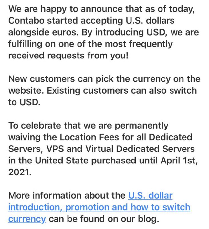 Contabo美区推出美元币种促销活动，4月1日前改用美元结算，美区机器不再加收位置费