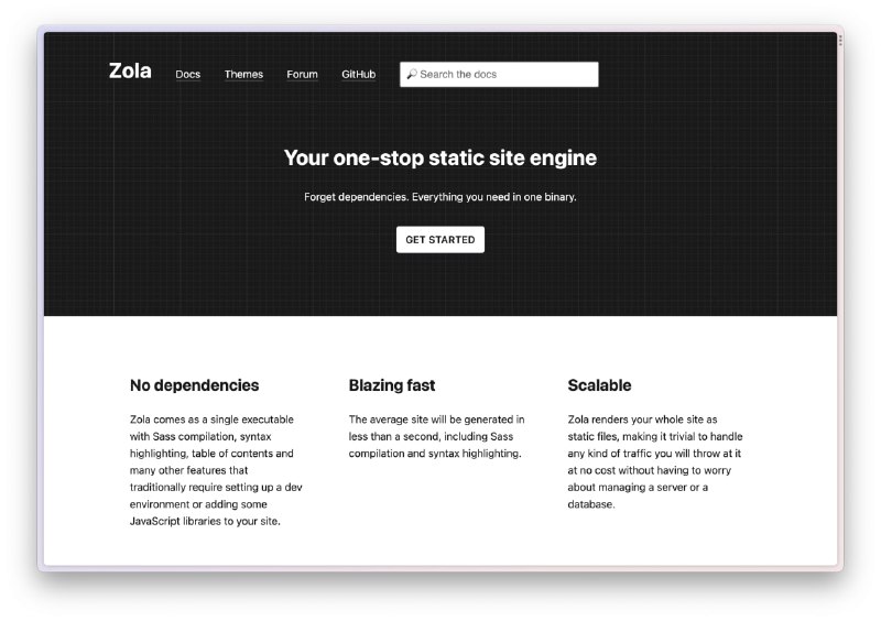 #Rust#Zola 是一个使用 Rust 编写的 #静态网站生成器，它和 Hugo 一样仅有单个可执行二进制文件并且非常快项目：