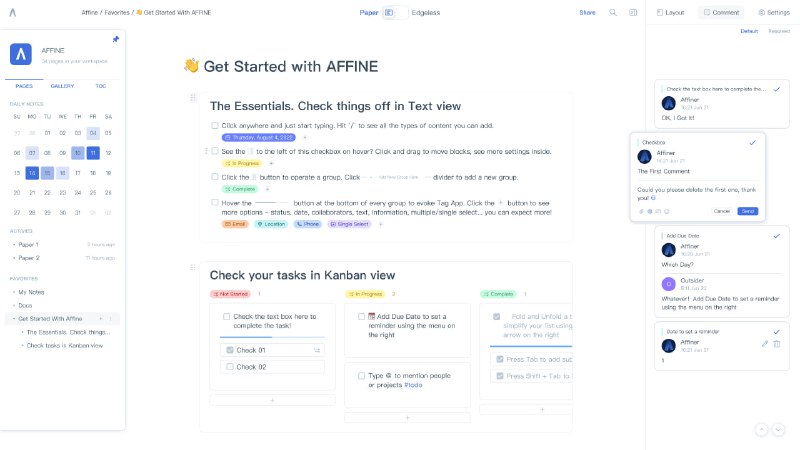 #GitHub #自托管▎AFFiNE隐私至上、开源、可定制的下一代协作知识库管理工具（WIP 🚧）▎特性- 注重隐私、数据离线优先- 干净、直观的用户界面- 完美的 #Markdown 支持和导出- 跨设备、多人协作- 多语言支持- ……项目地址｜演示地址I｜演示地址II频道 @dejavuBlog群组 @dejavuGroup