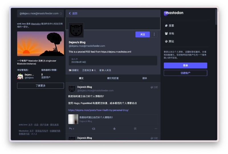 #Mastodon #GitHub #RSS▎mastofeeder将 RSS 订阅转换到 #ActivityPub 的网桥▎说明这是一个简单的 Mastodon/ActivityPub 服务器，它为 Internet 中的每个 RSS 提要提供一个虚拟 @website@mastofeeder.com 用户