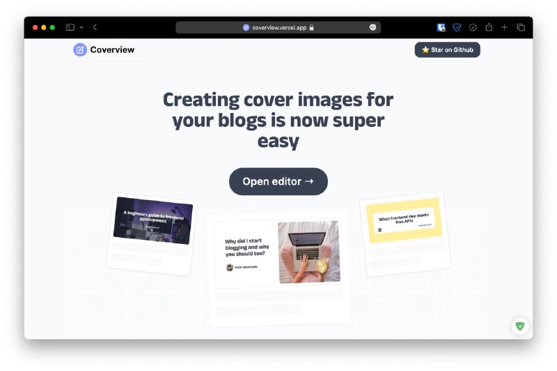 #GitHub #自托管▎CoverView一款在线制作博客封面图片的工具去年推荐过的，因为去年重启频道消息清空了，所以再次推荐一下（炒冷饭）▎特性- 非常快速、易于使用- 七种不同的布局样式- 直接搜索并使用 Unsplash 图片- 自定义颜色、字体、样式- 多种背景图案、图标- ……PS: 今年这个项目又更新了，现在可以使用 Unsplash 的无版权图片，演示网址可能会碰到 Unsplash API 速率限制，建议自己申请（不使用图片素材不影响），支持 Vercel, Cloudflare Pages... 托管另外，效果图 可以 看我博客🫣项目地址｜演示地址频道 @dejavuBlog群组 @dejavuGroup