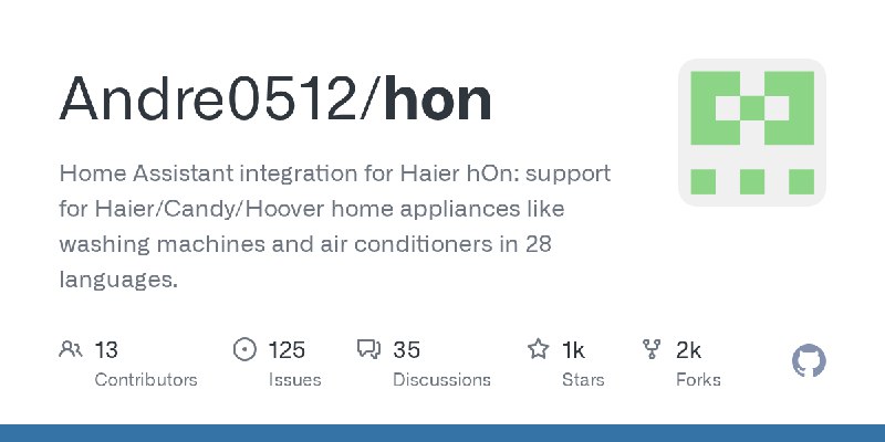 GitHub - Andre0512/hon: Home Assistant integration for Haier hOn: support for Haier/Candy/Hoover home appliances like washing machines…