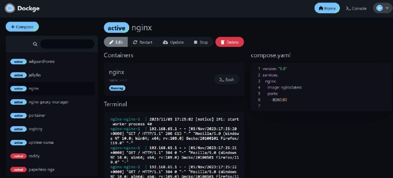 👉 名称：dockge🤖 类型：🎯项目👏 介绍：简单易用且漂亮的 Docker Compose 管理工具，Docker 部署，全平台支持：