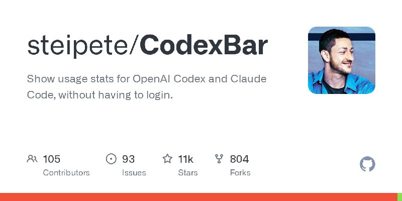 GitHub - steipete/CodexBar: Show usage stats for OpenAI Codex and Claude Code, without having to login.