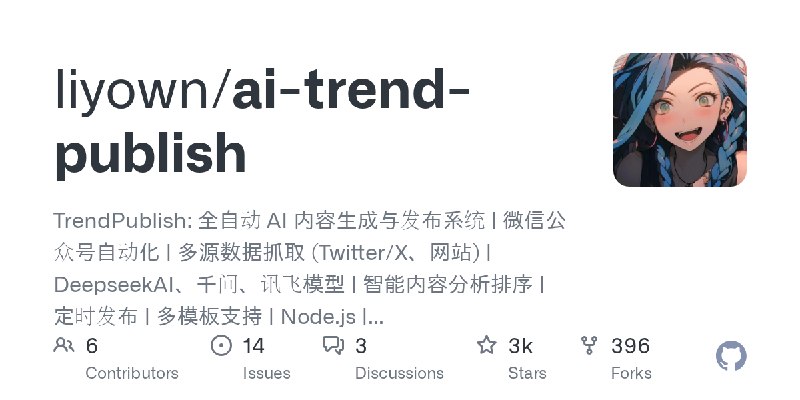 GitHub - liyown/ai-trend-publish: TrendPublish: 全自动 AI 内容生成与发布系统 | 微信公众号自动化 | 多源数据抓取 (Twitter/X、网站) | DeepseekAI、千问、讯飞模型 | 智能内容分析排序…