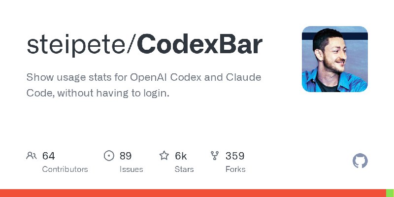 GitHub - steipete/CodexBar: Show usage stats for OpenAI Codex and Claude Code, without having to login.