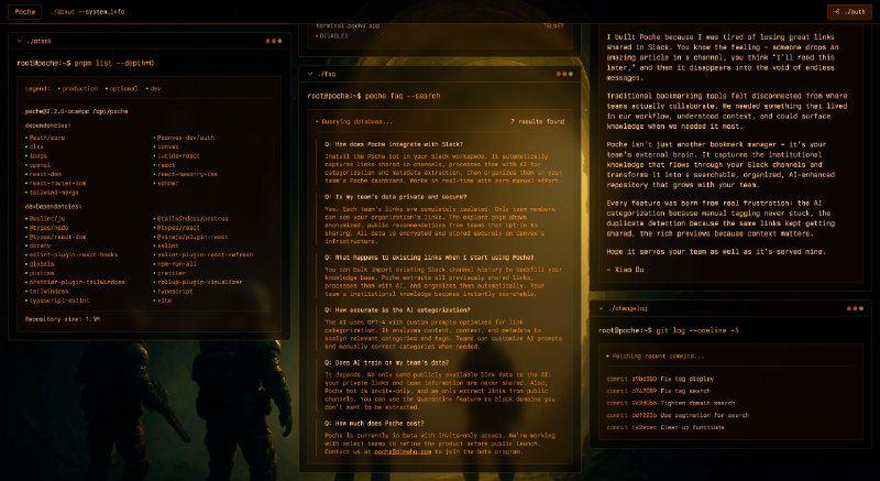 Poche  一个基于 Slack 的团队 AI 书签分享工具由设计大佬 duxiao 团队开发，使用 AI 自动整理分析 Slack 频道中的链接发布到网站，形成一个可检索的知识库，遗憾的是目前还没有 RSS