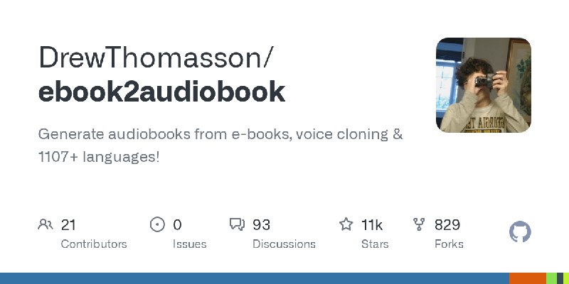 GitHub - DrewThomasson/ebook2audiobook: Generate audiobooks from e-books, voice cloning & 1107+ languages!