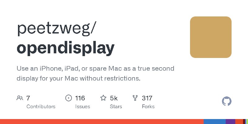 GitHub - peetzweg/opendisplay: Use an iPhone, iPad, or spare Mac as a true second display for your Mac without restrictions.