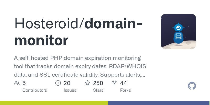 GitHub - Hosteroid/domain-monitor: A self-hosted PHP domain expiration monitoring tool that tracks domain expiry dates, RDAP/WHOIS…