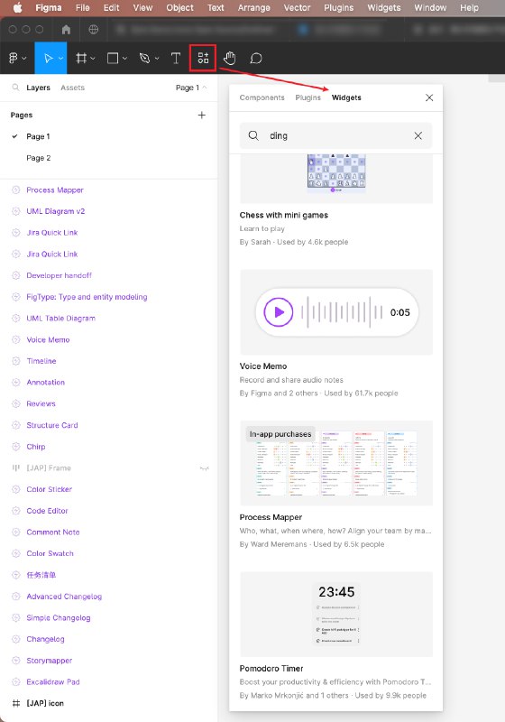 Figma的Widget又多了好多有趣的东西啊！！有Excalidraw可以手绘原型或涂鸦（图1）有很多各式各样的to do任务单（图2）有很多好玩的小游戏（图3）还可以在里面coding（图4）还可以写更新日志（图5）以及一些可可爱爱的小标记（图6）甚至可以贴入推特动态（图7）另外还发现了个统计评分的小工具（图8）在哪里找到Widget呢？只要在顶部的工具栏里找到图9所示的这个按钮，然后再选择“Widgets”就可以啦