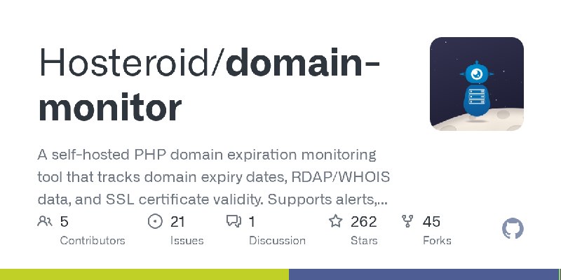 GitHub - Hosteroid/domain-monitor: A self-hosted PHP domain expiration monitoring tool that tracks domain expiry dates, RDAP/WHOIS…