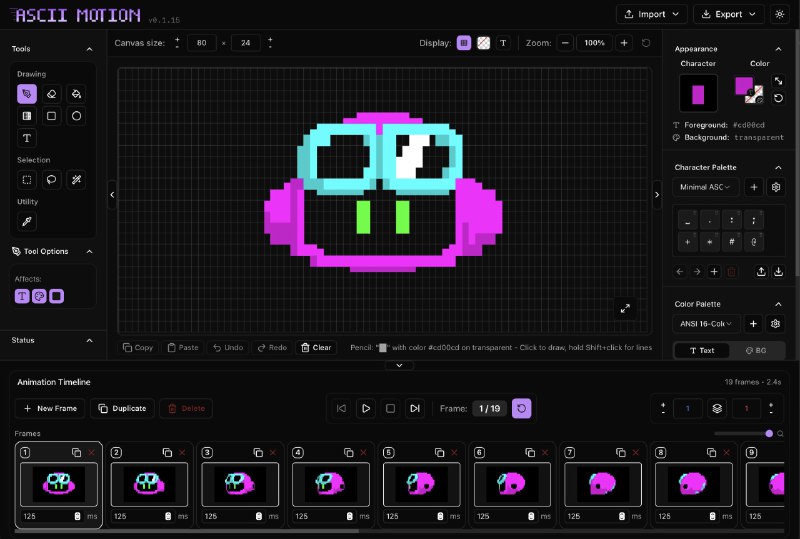 #在线工具 #动画 #开源🖼 ASCII Motion - 一个在线制作 ASCII 字符动画的网页应用🐙 开源页面ASCII Motion 是一个开源的 ASCII 字符动画编辑器，可以将视频、动态图像或自定义创作转化为 ASCII 艺术动画没有中文界面，但是一共也没几个单词，简单实用！📮投稿    📢频道    💬群聊    🔎索引