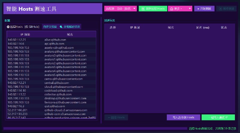 #IP #测速 #网络工具🚀 SmartHostsTool - 智能 Hosts 测速优化工具⬇️ 下载页面SmartHostsTool 是一款专业的域名 IP 智能测速与 Hosts 文件优化工具，通过 高性能并发测速算法 自动筛选最优 IP 并写入系统 Hosts 文件