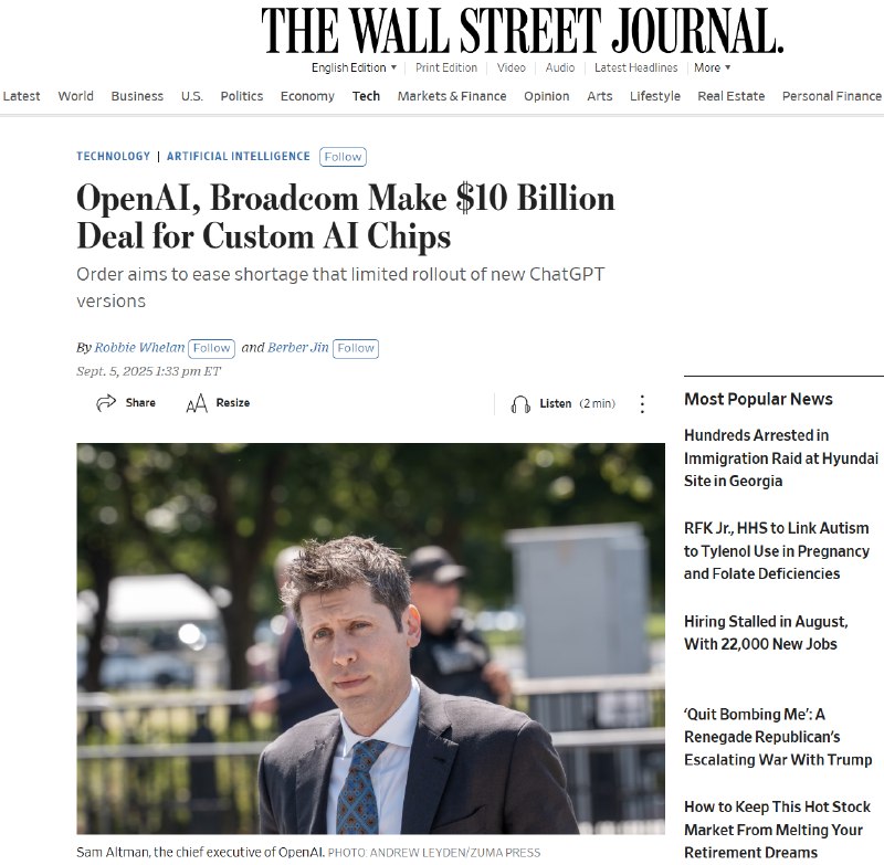 WSJ：OpenAI与博通达成100亿美元协议，共同开发定制AI芯片OpenAI正在与博通（Broadcom）合作开发定制的AI芯片，此举可能有助于缓解其在快速训练和发布新版ChatGPT时所面临的强大芯片短缺问题