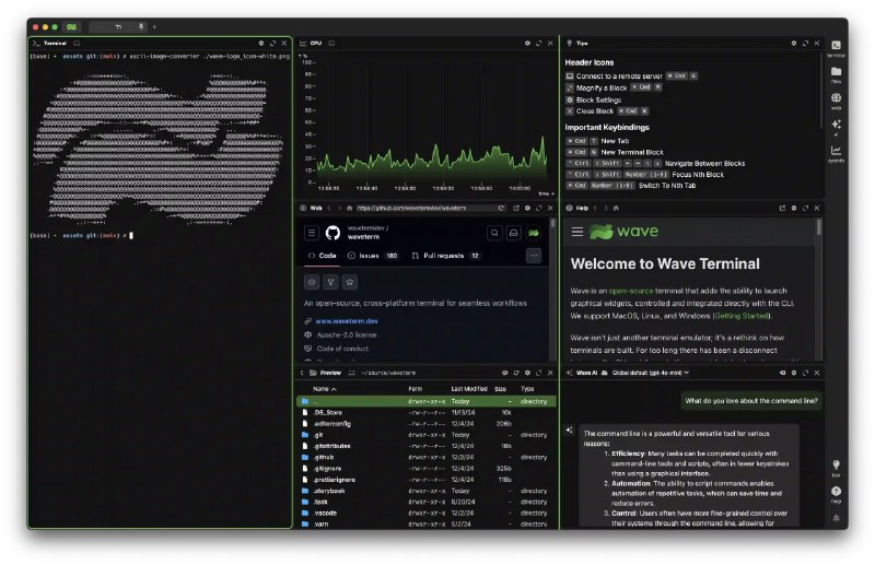 #开源 #cli #跨平台↔️ Wave Terminal - 一款集成 AI 辅助与网页浏览功能的图形化终端Wave Terminal 是一款开源的终端软件，结合传统命令行界面与图形化功能，支持文件预览、网页浏览和 AI 辅助等功能