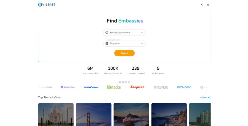 #旅游 #签证 Visa List 签证信息查询网站，提供最新且准确的签证要求与材料清单，覆盖全球239个国家；输入国籍与目的地即可查看免签入境、落地签证及电子签证等信息，对出境旅行具有参考价值，免费使用，部分功能需登录