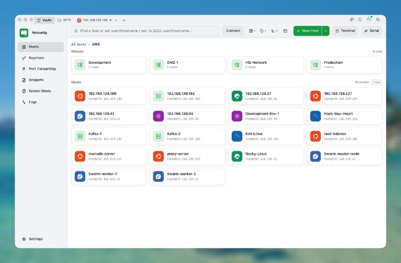 #SSH #运维 #服务器🔨 Netcatty - 一个现代化的开源 SSH 客户端⬇️ 下载页面Netcatty 基于 Electron，主要提供 SSH 连接、SFTP 文件管理、多终端工作区 和 AI 智能助手等功能