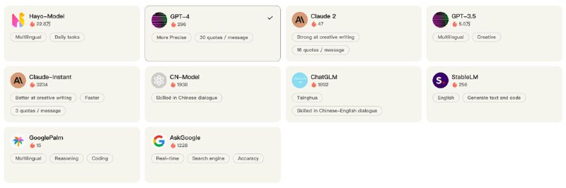 Hayo AI 推出新功能，现在已经可以使用 GPT-4 和 Claude 2 了，其中 Claude 2 是于今日最新发布的语言模型，与之前的版本相比，它在代码生成、数学推理等方面拥有对标 GPT-4 的能力