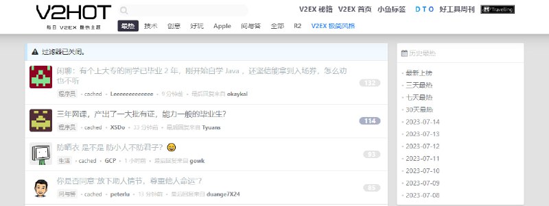 #V2EX V2HOT 一个查看 V2EX 每日热门主题的网站，根据 帖子回复量 进行排序，感觉还是闲聊的话题参与度高，有分歧就有热度