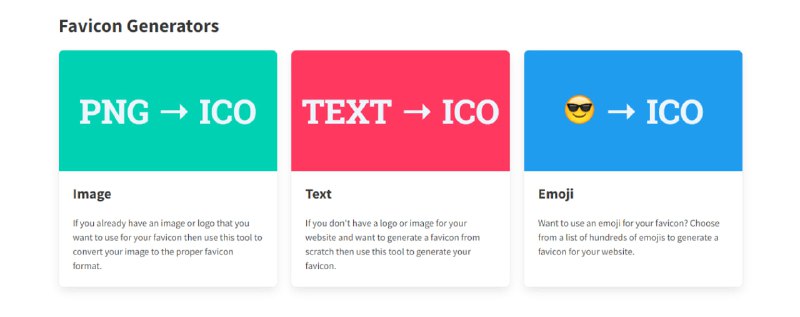 #favicon #格式转换 Favicon Converter 网站 favicon 图标生成工具，可将 PNG / JPG / BMP 图片、文字以及 emoji 表情转换为 .ico 格式的网站图标文件，并可一键下载包含多种格式的完整图标资源包，如 ICO、PNG、Android Touch、Apple Touch-icon、site.webmanifest 等，并提供相应的 HTML 代码，做网站的可能会用到，懂的都懂，完全免费，无需注册