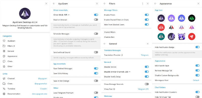 #Telegram #客户端 #开源 AyuGram 第三方增强版 Telegram 客户端，去除了广告和干扰元素，整体更加清爽干净，支持幽灵模式，可以隐藏在线状态、输入状态和已读回执，支持自定义字体、主题、图标等外观，还内置了删除消息保留与反撤回机制，可查看对方删除或编辑后的消息历史，免费开源，适用于 Windows、macOS、Linux 以及 Android 系统