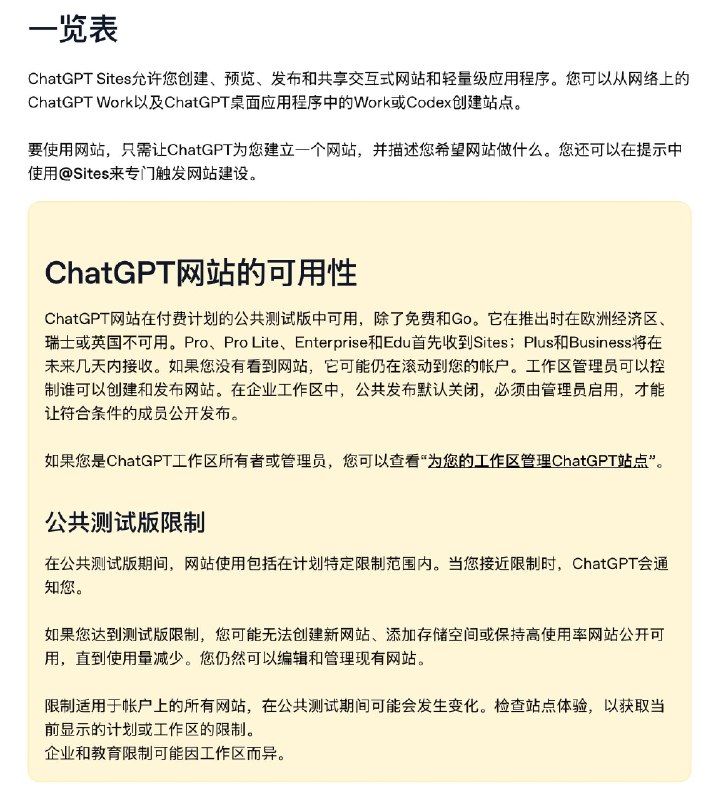 无人在意的角落，ChatGPT Sites 陆续开放给个人订阅用户via 匿名🗒 标签: #OpenAI #ChatGPT #AI📢 频道: @GodlyNews1🤖 投稿: @GodlyNewsBot