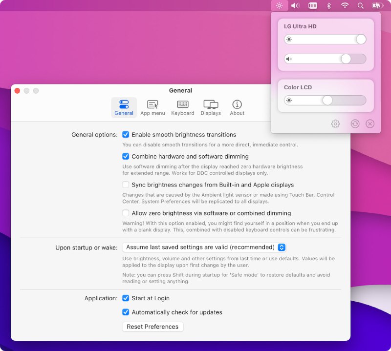 #显示器 #亮度 #开源 MonitorControl 专为 macOS 设计的外接显示器控制工具，可通过快捷键或菜单栏滑块控制外接显示器的亮度、对比度和音量，支持 DDC/CI 硬件控制、苹果原生显示协议、软件 Gamma 表调节及遮罩调暗等多种控制协议，还支持将内置显示器的环境光感应或触控条调整同步到外接显示器，实现亮度一致，免费开源