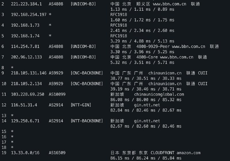 北京 9929 用户不用特意买什么小鸡了，都来薅 AWS CloudFront 吧（附图是到 CFT 港日新路由）#北京 #联通北京 9929 用户不用特意买什么小鸡了，都来薅 AWS CloudFront 吧（附图是到 CFT 港日新路由）#北京 #联通