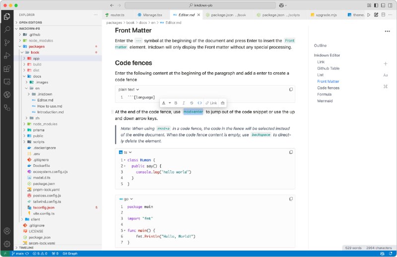 #markdown #开源 Inkdown Markdown 阅读、编辑与共享工具，几乎完全兼容 GitHub Flavored Markdown 标准，并扩展支持 Mermaid 图形与 Katex 公式，提供明亮与暗黑两种模式，带来舒适的阅读和顺畅的编辑体验，并可轻松实现文档共享
