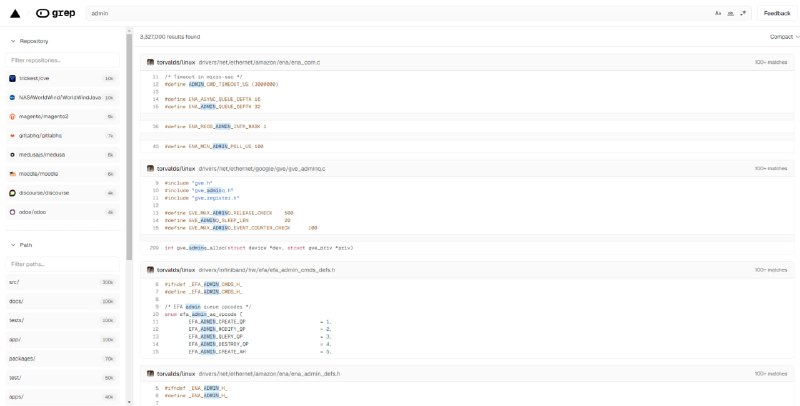 #Github #搜索 #代码 grep.app GitHub 代码搜索引擎，覆盖超过 50 万个公共仓库，支持精确搜索任意字符串，包括标点符号及其他特殊字符，也支持使用正则表达式进行检索，搜索结果实时返回，响应速度极快，适合开发者使用，免费使用，无需注册