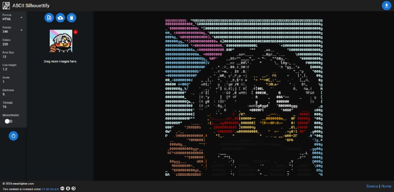 #趣站 #ASCII ASCII Silhouettify 图像转 ASCII 图案工具，基于 95 个可打印字符生成结果，适用于图标、LOGO、简笔画等平面图形；对复杂图片表现较差，无法呈现阴影、高光或渐变效果，支持输出纯文本、彩色 HTML 及 Neofetch 艺术格式，免费使用，无需注册