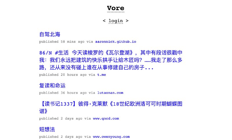 #RSS #toolsVore一个极简的 RSS 免费订阅工具，它的功能很简单：输入订阅源，在时间线上排列最近更新的博客，不支持获取全文，但可以点击标题打开文章