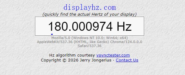 #屏幕 #刷新率 #检测 DisplayHZ 屏幕刷新率检测网站，打开即可显示实时刷新率，支持电脑与手机访问，我的电脑实测约为 180 Hz，还是挺准的，感兴趣的可以测试玩玩，免费无广告，无需注册