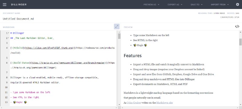 #markdown #web #开源 Dillinger Markdown 在线编辑器，左侧输入内容，右侧实时预览效果，还可以查看预览的 HTML 代码，支持云端存储、导入 HTML 并转为 Markdown，无需注册，免费使用