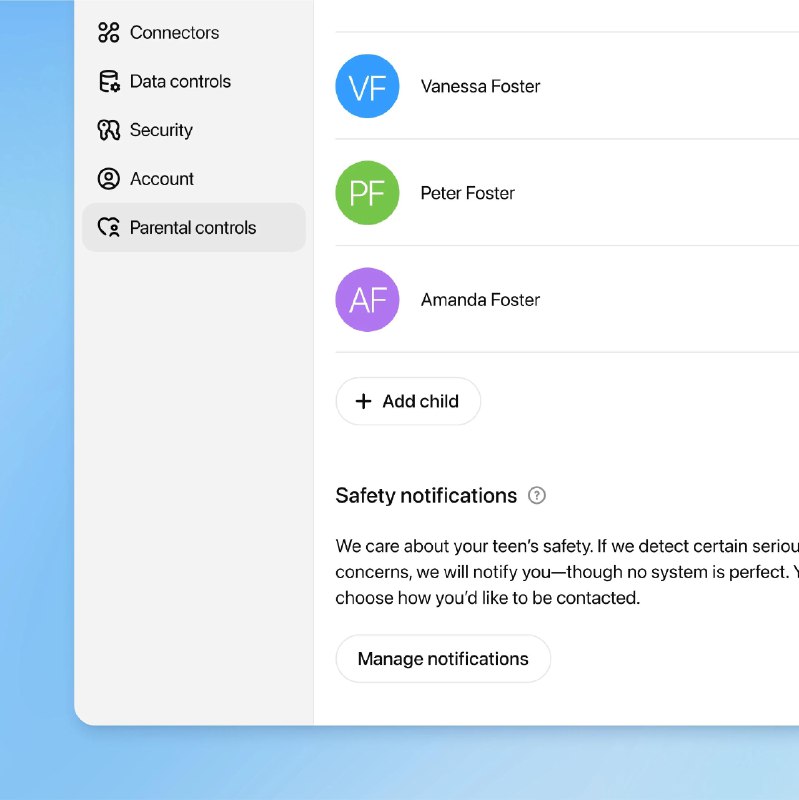 OpenAI 推出「家长控制」功能今天起，所有 ChatGPT 用户都可以开启家长控制，家长可以将自己的账户与青少年的账户关联，并根据需求调节设置，确保提供安全、适合年龄的使用体验