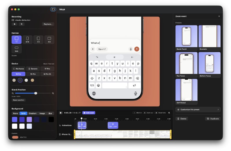 #APP #视频处理 #macOS📱 做 App 演示视频不用剪辑软件也能做了：MayaMaya 可以给视频录屏套上 iPhone、iPad、MacBook 等设备外框，还支持加入背景、变速、缩放和点击反馈等