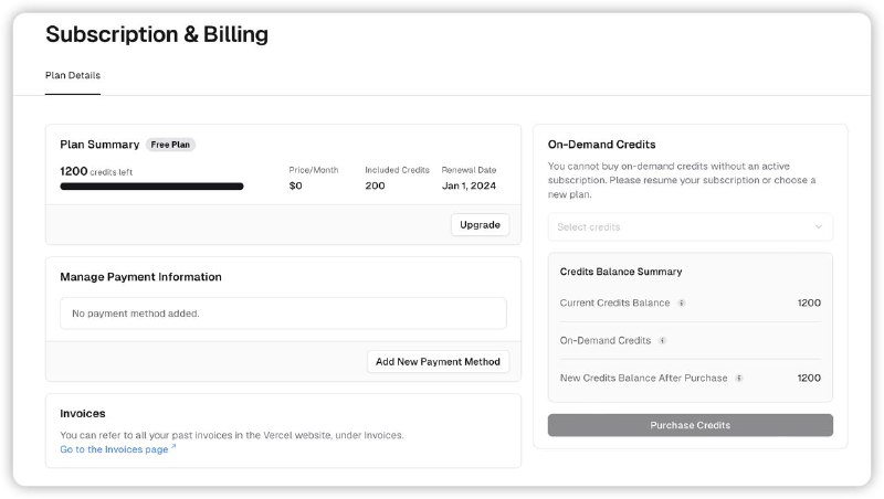 Vercel v0 免费计划每月可享200 credits