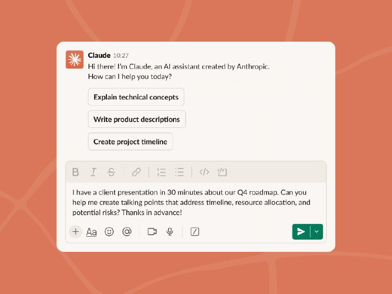 Anthropic 正在将 Claude Code 集成到 Slack 中当你在 Slack 中 @Claude 时，它会自动扫描你的消息，识别出需要编码的任务并将其发送到 Claude Code