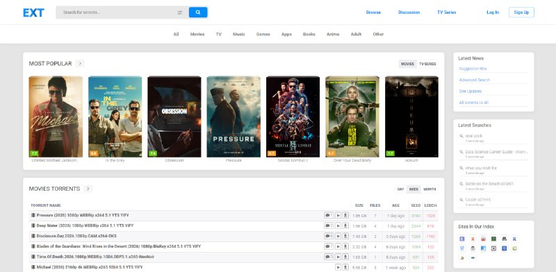 #磁力 #种子 EXT Torrents BT 种子搜索与索引网站，聚合电影、剧集、动漫、音乐、游戏、软件等资源，可通过关键词快速搜索种子和磁力链接，提供分类浏览、热门排行和资源详情页面，收录资源数量较多，支持直接复制磁力链接或下载种子文件，界面简洁，无需注册即可使用