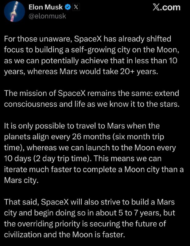 马斯克称 SpaceX 转向优先建设月球城市当地时间周日，马斯克表示，SpaceX正将近期重点从火星转向在月球上建设“自我生长型城市”（self-growing city），理由是时间线更短且具有战略紧迫性