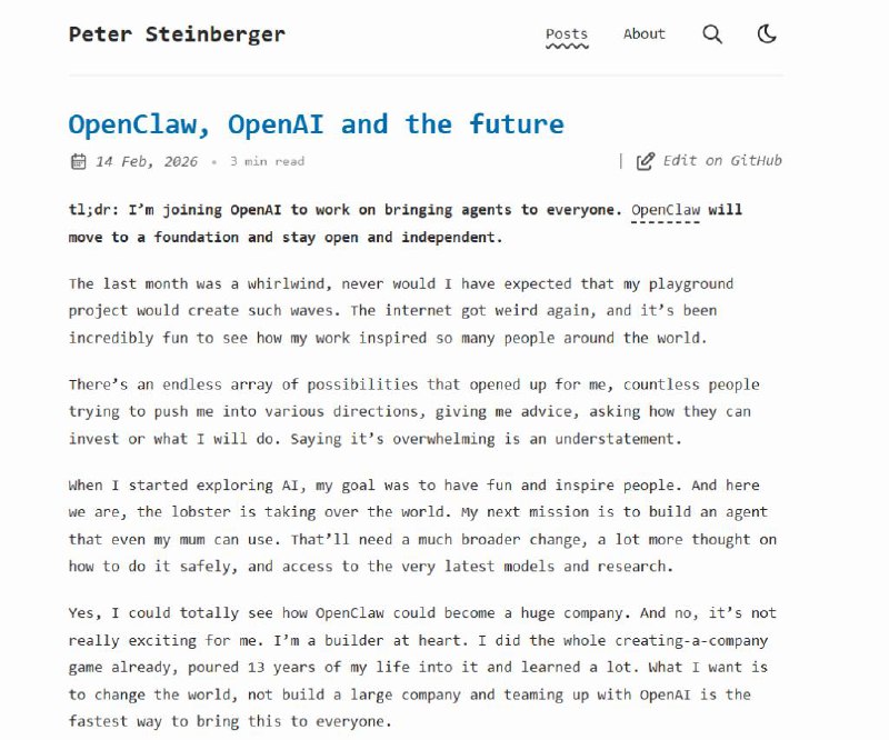 OpenClaw创始人加入OpenAI，Altman直言，Steinberger“是个天才”Peter Steinberger最终拒绝Meta，选择加入OpenAI