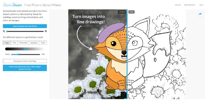 #趣站 Free Picture Stencil Maker 图片模板制作工具，可移除图片中的颜色，仅保留线条与边框，并提供多种处理级别选择，适用于填色绘画、木工、彩色玻璃等艺术设计场景，完全免费，无需注册